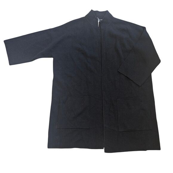 Eileen Fisher Black Hi Collar Silk Blend Long Jacket Medium Open Front $398 - Picture 1 of 7